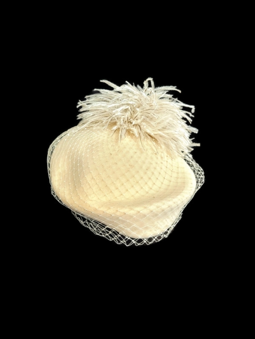 Ivory Feather Pillbox Hat with Veil Vintage - Women's Accessory